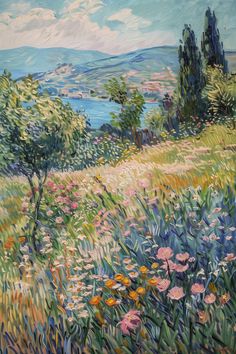 an oil painting of flowers and trees in a field with the ocean in the background