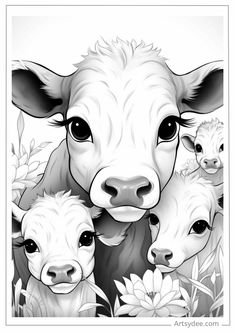 a black and white drawing of a cow with two baby cows in front of it