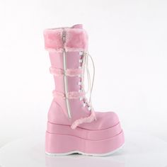 4 1/2" Tiered Platform Lace-Up Mid-Calf Boot, Side Zipper - Fit Guide: True to Size - Heel Height: 4 1/2" Platform - Brand: Demonia - Shown in Women's Sizes - Country of Origin: Imported Dakota Core, Pink Platform Boots, Demonia Boots, Demonia Shoes, Dance Heels, Leather Knee Boots, Pink Platforms, Fashion Goals, Pink Fur