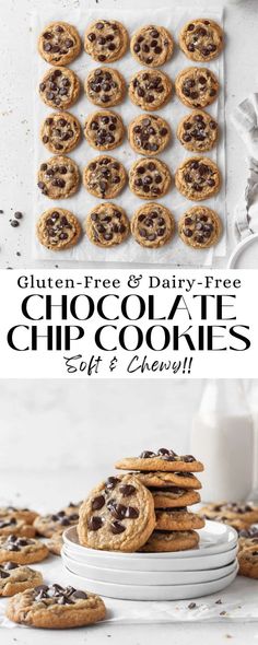 gluten free and dairy - free chocolate chip cookies are stacked on top of each other