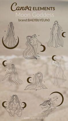 Blurred desert background titled 'Canva Elements: Moon Goddess' with a brand code below it. 8 images outlines/hand drawings/line art of women with crescent moons and stars all in different poses. @dreamandjot at the bottom of the page Witch Graphic Design, Canva Elements Keyword Vintage, Vintage Canva Elements, Canva Graphics Keywords, Goddess Branding, Canva Codes Elements, Moon Design Art, Goddess Design, Canva Codes