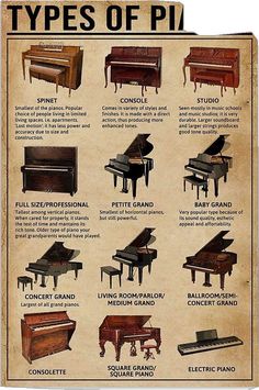 an old poster shows different types of pianos