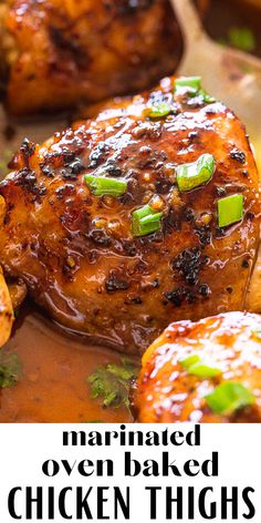 the chicken thighs are covered in sauce and garnished with green onions