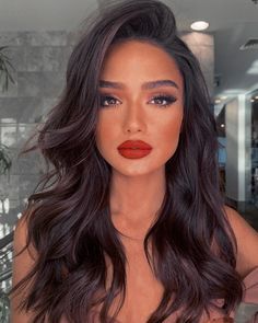 Bridal Hair And Makeup, Red Lipstick, Wedding Hair And Makeup, Brunette Hair, Hair Dos, Down Hairstyles, Bridesmaid Hair, Dark Hair, Pretty Hairstyles