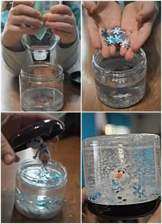 four pictures showing how to make an ice bucket with water and snowflakes in it