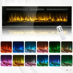 an electric fireplace with multiple color lights and remote controls on the side, all in different colors