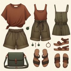 Free Time (Gardening, Cooking Class):  Top: Rust-colored T-shirt Bottom: Olive Green Shorts Footwear: Brown Leather Sandals Accessories: Simple Stud Earrings Bag: Small Crossbody Bag (Deep Teal) Versatility: Swap the Rust-colored T-shirt with the Olive Green Linen Shirt for a more polished look. Olive Green Linen Shirt, Earth Tone Clothes, Journal 2025, Green Linen Shirt, Accessories Simple, Olive Green Shorts, Deep Autumn, Simple Stud Earrings, Brown Leather Sandals