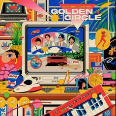 an advertisement for the golden circle television show, with people on tv and various objects around it