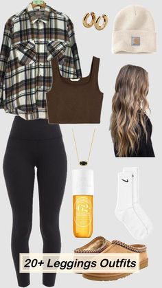 Sporty Leggings Outfit Fall, Legging And Flannel Outfits, Cute Leisure Outfits, Fall Leggings Outfit For Work, Legging Outfit Ideas, Brown Leggings Outfit, Fall Workout Outfits, Black Leggings Outfit Fall, Camo Leggings Outfit