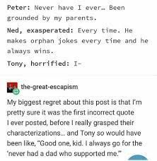 two screenshots with text on them, one has an image of a man and the other says'peter never have i ever been grounded by my parents