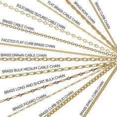 Different Brass Chains Jewelry Chain Types, Label Mockup, Jewelry Knowledge, Jewelry Education, Jewelry Drawing, Jewellery Sketches, Basic Jewelry, Jewelry Chain, Chain Bracelets