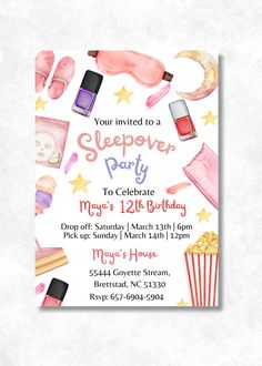 a birthday party flyer with watercolors and makeup items on the front, along with text