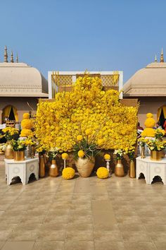 the yellow flowers are in vases on the table and behind them is a large tree