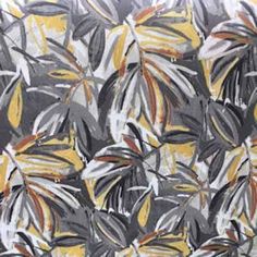 an abstract painting with yellow and black leaves on it's surface, in shades of gray