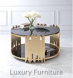 a black and gold coffee table with flowers in it on a marble floor next to a white wall