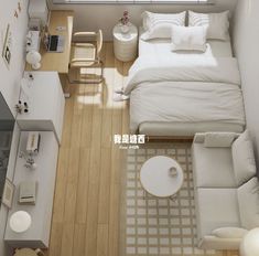 an aerial view of a small bedroom and living room