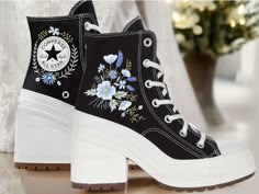 " Embroidered Wedding Heels Converse, Converse Heels Embroidery, Heels Converse Embroidered Flower Converse, Flowers Sneakers, Gift for Her LT "   CONVERSE ∙ EMBROIDERED ∙  FLOWER * Material: High-quality premium cotton embroidery thread, colorfast * Dimensions: Tailored to your selected US shoe size * Finish: High-end embroidery ∙ Sharp threading ∙ Colorfast * All shoes are custom-made by hand with Love and Care in our workshop ♡ 🎁 UNIQUE POINTS 🎁 Includes 1 pair of socks Free custom name or Converse Flowers, Heels Converse, Flower Converse, Converse Heels, Embroidery Heels, Bridal Converse, Converse Wedding, Cute Converse Shoes, Embroidered Converse