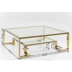 a glass and brass coffee table with measurements