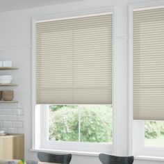 two windows with blinds covering them in the kitchen