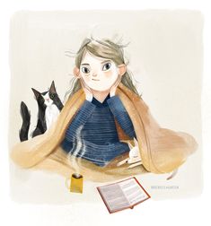 a drawing of a woman sitting on the floor next to two cats and a book