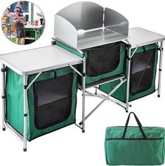 an outdoor table with two folding chairs and a grill on the top, in front of a green bag