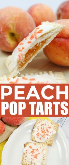 peach pop tarts with white frosting and sprinkles are on a plate