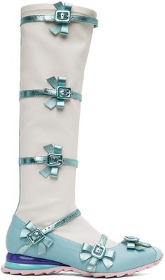 Knee-high stretch grained leather boots in blue and off-white. Pin-buckle straps with bow accents throughout. · Grosgrain trim at pointed toe · Jersey lining · Glittered fiberglass trim at heel · Treaded foam rubber outsole Supplier color: Frozen blue Kiko Kostadinov, Bow Boots, High Fashion Outfits, Tall Leather Boots, Shoe Inspo, Boots Knee, White Ribbon, Black Ribbon, Tall Boots