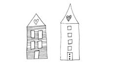 two houses with hearts on the roof and one has a heart at the top,