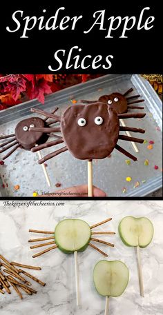 an image of some food on sticks with the words spider apple slices in front of it