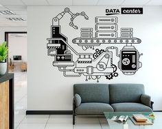 a living room with a couch, coffee table and wall decal that says data center