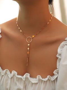 Gold Glamorous   Zinc Alloy  Pendant Necklaces,Y-Necks + Lariats Embellished   Jewelry Sterling Silver Star Earrings, Gold Tassel Necklace, Star Necklace Gold, Chic Necklace, Star Pendant Necklace, Gold Charm Necklace, Star Jewelry