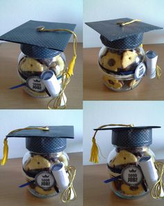 four pictures of graduation caps and cookies in a jar