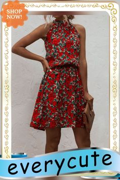 Floral Print Halter A-line Dress Casual Summer Floral A-line Dress, Chic A-line Floral Dress For Day Out, Casual A-line Dress For Dress Down Occasions, Spring A-line Lined Mini Dress, Summer Flowy A-line Floral Dress, Flowy A-line Floral Dress, Flowy A-line Sundress For Casual Occasions, Floral A-line Sundress For Party, Flowy A-line Sundress For Dress Down Occasions