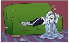 a cartoon character laying on top of a green couch