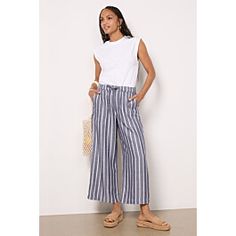 Stassi Stripe Pant Striped Linen Bottoms For Day Out, Vacation Striped Wide Leg Pants With Elastic Waistband, Striped Wide Leg Pants With Elastic Waistband For Vacation, Striped Linen Beach Pants, Summer Linen Striped Bottoms, Striped Linen Wide Leg Pants For Summer, Chic Striped Wide Leg Pants For Beach, Casual Striped Linen Wide Leg Pants, Summer Striped Wide Leg Pants For Beach