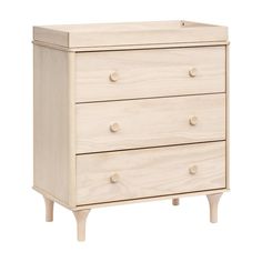 a white wooden dresser with three drawers and two knobs on the bottom drawer, against a white background