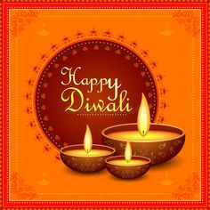 happy diwali greeting card with three lit candles on an orange and red background