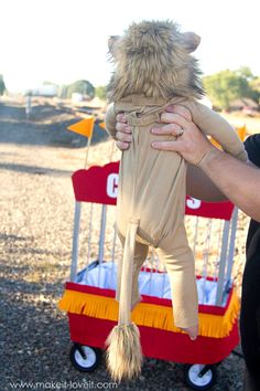 a person holding a small dog in a costume