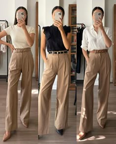 Beige Pant Work Outfits, High Waisted Cream Pants Outfit, Tan Tapered Pants Outfit, Casual Work Outfits Beige Pants, Fall Outfits With Beige Pants, Beige Pants Business Outfit, Beige Trouser Pants Outfit, High Waisted Tan Pants Outfit, Tan Pants Casual Outfit