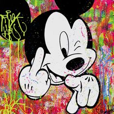 a mickey mouse painting with graffiti on it's face and hands in the air