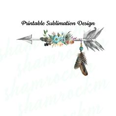 an arrow with feathers and flowers on it is in the middle of a white background