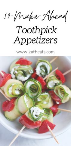 toothpick appetizers in a white bowl with text overlay