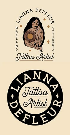 three different logos for tattoo parlors, including one with an image of a woman holding a