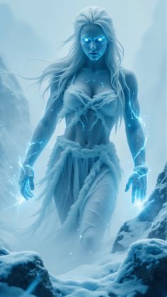 a woman with white hair and blue eyes is walking through the snow in her costume