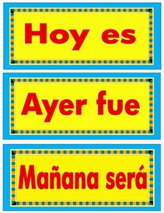 two yellow and blue signs with words in spanish on the same sign, one says hey es aver fue