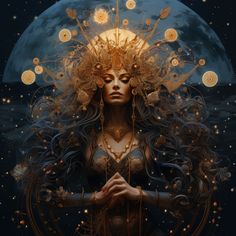 a woman with an elaborate headdress standing in front of a moon filled sky