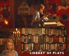 two children sitting at a table in front of bookshelves and an old typewriter