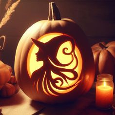 a carved pumpkin with an image of a woman's head in the center, surrounded by candles