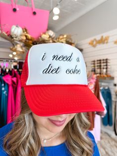 Red & White Color I Need A Diet Coke Embroidered Detail Trucker Style Adjustable Hat Band One Size Fits Most 100% Polyester Casual Red Trucker Hat With Letter Print, Novelty Red Baseball Cap, Red Embroidered Snapback Hat, Novelty Red Cap Hat, Red Novelty Hat One Size Fits Most, Red Novelty Hat One Size, Red Novelty Hat, Novelty Red Trucker Hat, Casual Red Embroidered Hat