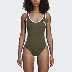 3-Stripes Bodysuit Dark Green XS Womens Adidas Swimwear, Perfect Tan, Striped Bodysuit, Adidas Fashion, Loose Outfit, Sleek Look, Bra Tops, Bathing Suits, Lingerie